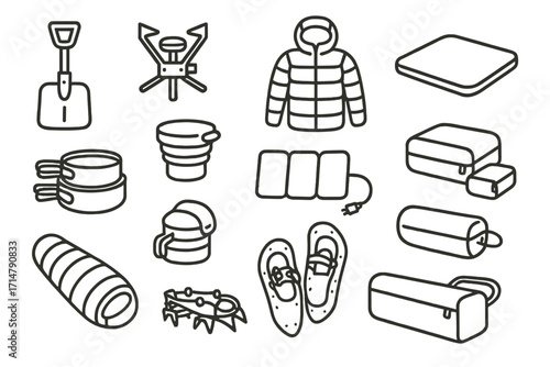 Packable Arctic Gear Icons. Line style icons of packable arctic gear: foldable snow shovel, collapsible stove, compressible parka,