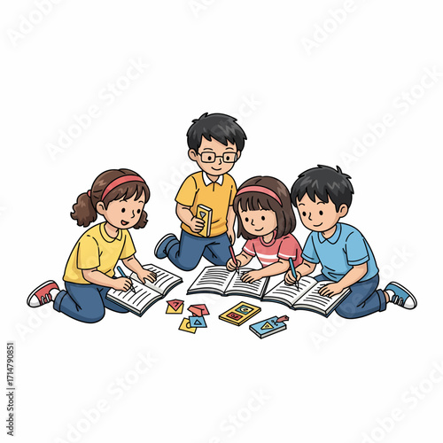 Four young children sitting on the floor, studying together with books and pencils, engaged in a group learning activity.