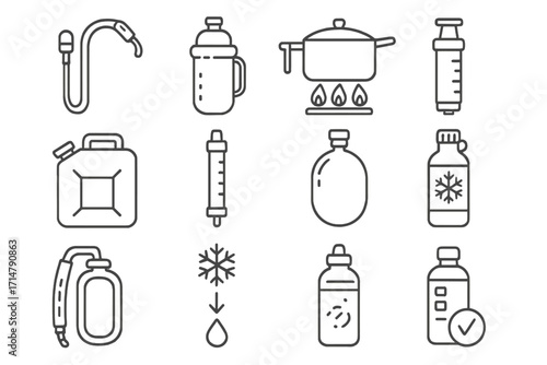 Winter Hydration Icons. Line style icons of winter hydration gear: insulated hydration tube, water bottle sock, snow melt pot,