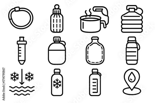 Winter Hydration Icons. Line style icons of winter hydration gear: insulated hydration tube, water bottle sock, snow melt pot,