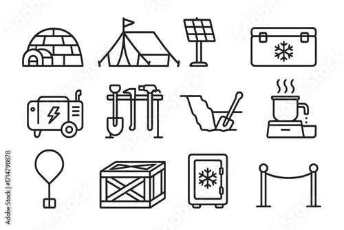 Arctic Base Essentials Icons. Line style icons of arctic base camp essentials: snow hut icon, communication tent, solar panel
