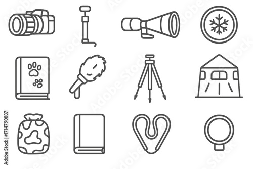 Arctic Observation Gear Icons. Line style icons of arctic animal observation gear: camera with lens hood, monopod with stabilizer,