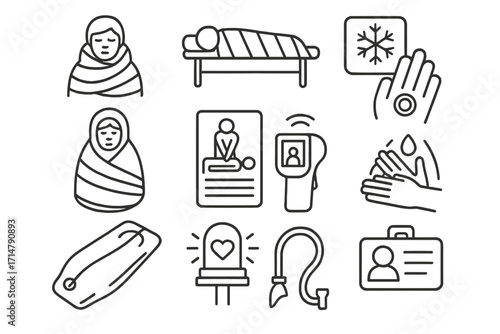 Frost Emergency Care Icons. Line style icons of frost emergency care: hypothermia wrap, thermal stretcher, pulse glove,