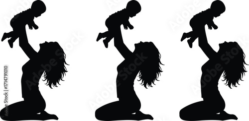 Parent lifting child silhouette, family bonding moment, nurturing relationship vector, black and white design, emotional connection, love, care,