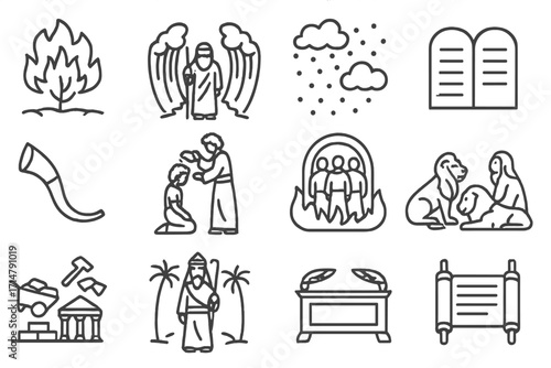 Old Testament Icons. Line style icons of Old Testament events: burning bush, parting of the Red Sea, manna from heaven, tablets of