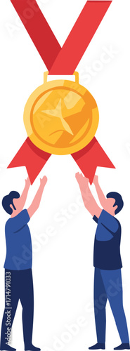 Achievement celebration, teamwork success, gold medal award, recognition concept, business victory, flat illustration, vector design, professional reward, collaborative effort