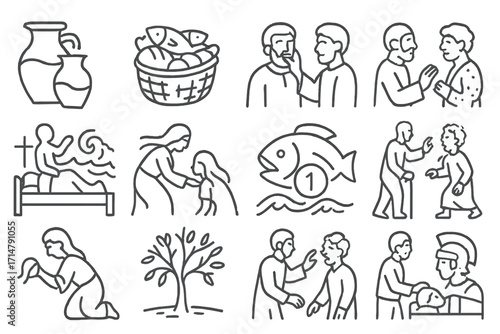 Biblical Miracle Icons. Line style icons of biblical miracles: water into wine jar, fish and bread basket, healed blind man, leper