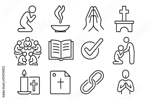 Prayer Icon Collection. Line style icons of prayer in Bible context: person kneeling in prayer, praying hands, incense rising,