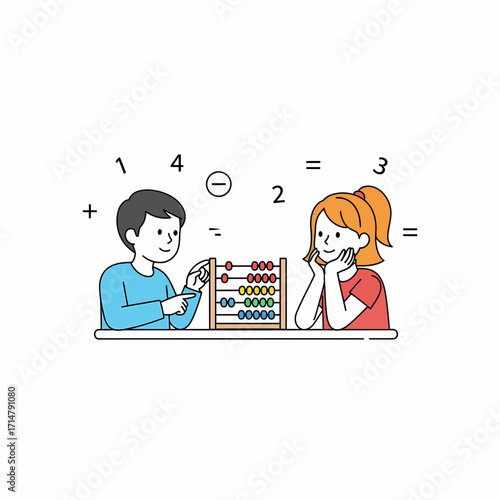 A boy and a girl learning math with an abacus, surrounded by numbers and arithmetic symbols in a simple illustration.