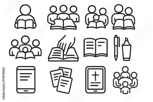 Bible Study Icons. Line style icons of Bible reading activities: person reading Bible, group Bible study, family devotion, youth
