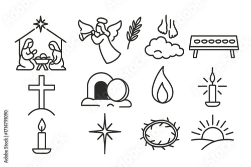 Christian Holiday Icons. Line style icons of Christian holidays in Bible: nativity scene, angel proclamation, Palm Sunday branch,