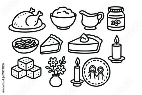 Thanksgiving Feast Icons. Thanksgiving dinner items in doodle icon style including turkey, mashed potatoes, gravy boat, cranberry
