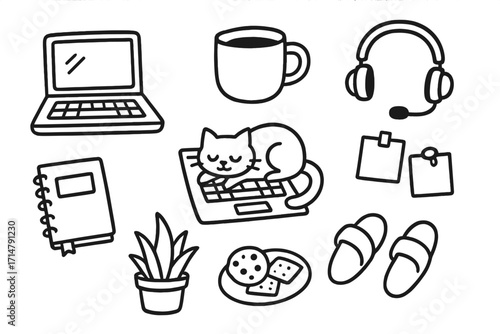 Home Office Essentials. Work from home essentials in doodle icon style with laptop, coffee mug, headset, planner, calendar, cat on