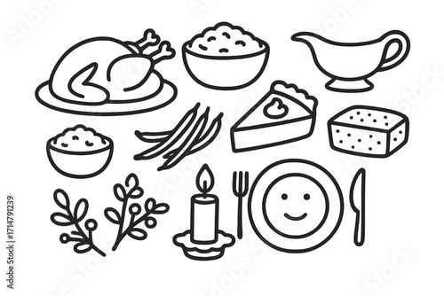Thanksgiving Feast Icons. Thanksgiving dinner items in doodle icon style including turkey, mashed potatoes, gravy boat, cranberry