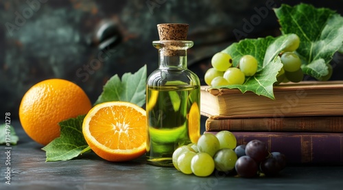 Essential Oil Bottle Surrounded by Fresh Fruits and Green Leaves on a Rustic ...
