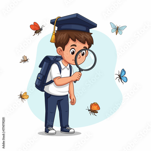 A young student wearing a graduation cap and backpack examines insects with a magnifying glass.