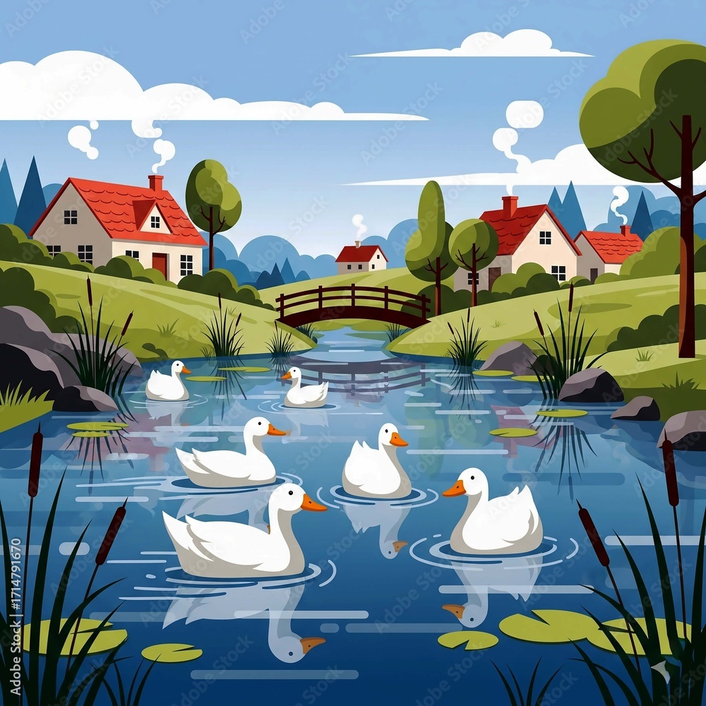 Fototapeta premium Tranquil cartoon scene of ducks swimming peacefully in a pond near quaint countryside cottages