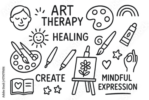 Healing Art Doodles. Art therapy doodle set: hand drawn icons for healing through creativity and mindful expression, isolated