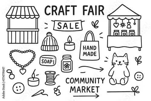 Craft Fair Icons. Craft fair doodle set: hand drawn icons for handmade goods, booths, and community markets, isolated transparent