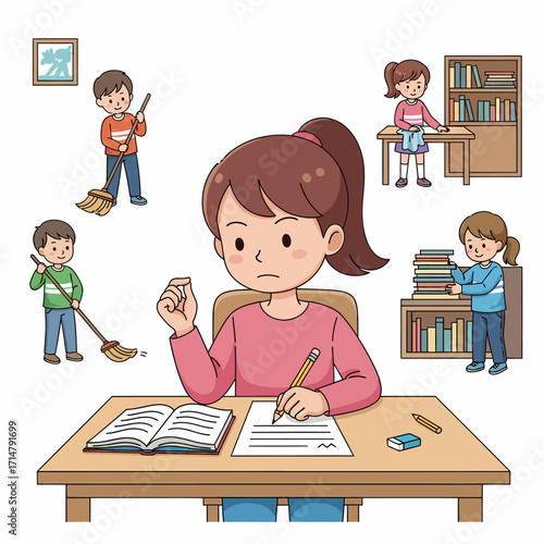 Cartoon illustration of a girl studying with other children cleaning in the background.