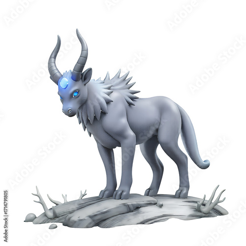 Mythical grey creature with horns and blue gem on forehead fantasy animal isolated on a transparent background