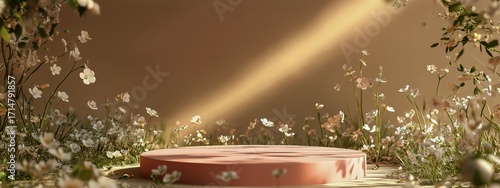 Light Shining on a Circular Podium Surrounded by Blooming Flowers in a Serene...