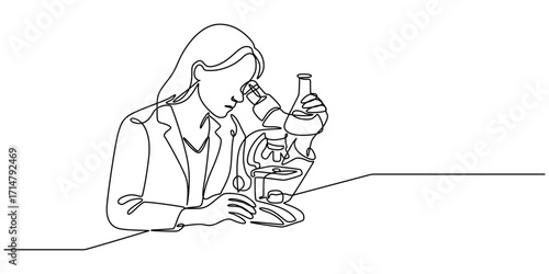 Continuous one line drawing of female scientist researching antibiotic formula using microscope, Vector black silhouette. with white background, Coronavirus medical research concept single line draw.