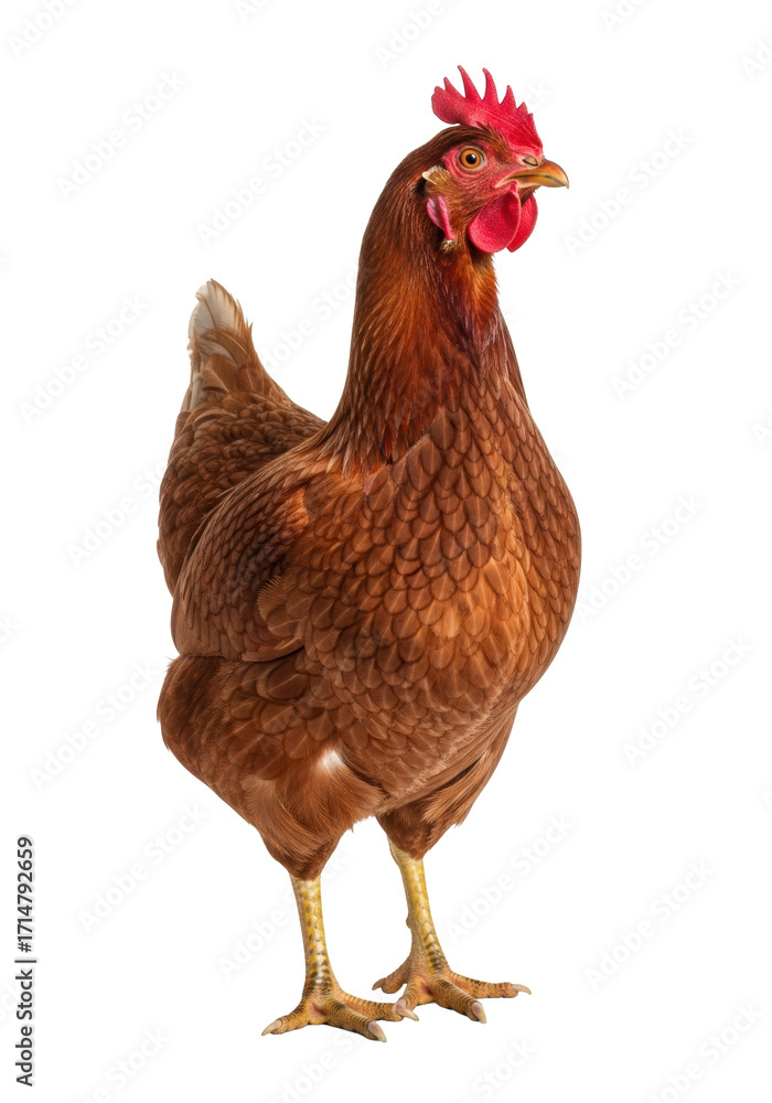 Fototapeta premium A solitary adult domestic hen, reddish-brown feathers, red comb and wattle, poised with an inquisitive gaze, looking right against a transparent studio background, professional studio photography
