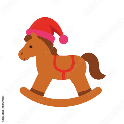 Cute brown toy rocking horse wearing a red Santa hat with pink pom-pom festive holiday season celebration vector