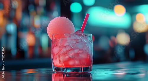 Colorful Cocktail With Ice and Garnish Served in a Glass at a Vibrant Bar Set...