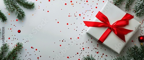 Gift Wrapped in White Paper With Red Bow Among Festive Decorations on a Clean...