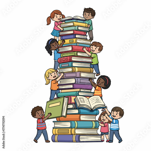 A diverse group of happy cartoon children climbing a giant, colorful stack of books together.
