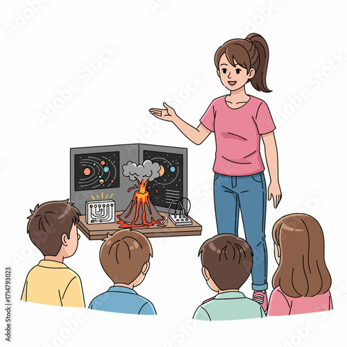 A female teacher explains a volcano and solar system model to a group of young students in a science class.