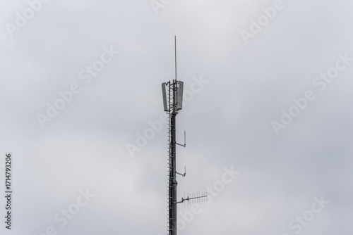 A tall antenna mast rises into the gray sky. Technical infrastructure in a simple representation.