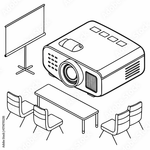 Projector with screen, table and chairs
