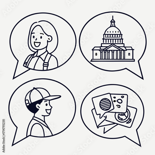 People and places in speech bubbles, a doodle art