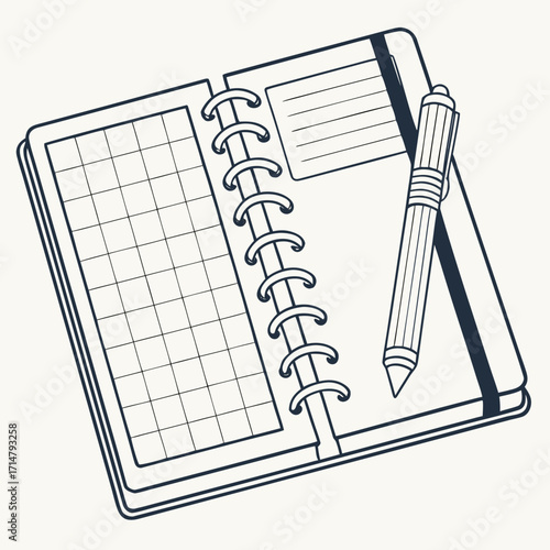 Open notebook with grid paper and a pen