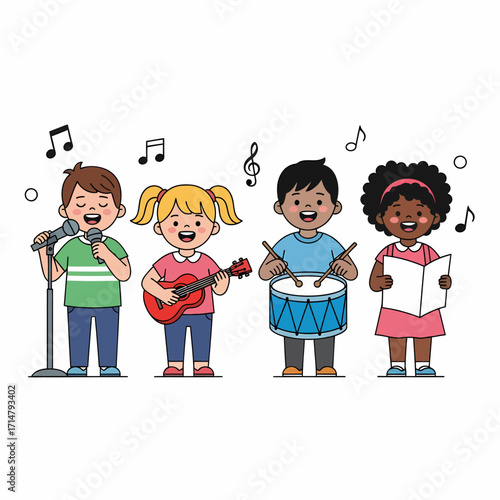 A diverse group of four happy children singing and playing musical instruments like guitar and drums.