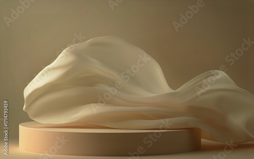 Elegant Fabric Gracefully Drapes Over a Circular Pedestal in a Soft, Neutral-...