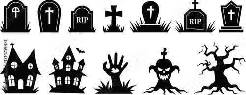 Halloween graveyard vector set with tombstones, haunted houses, zombie hand, evil pumpkin, creepy tree, scary cross and spooky elements.
