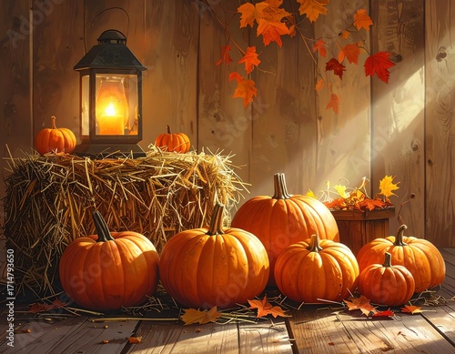 Warm autumn scene with pumpkins and lantern.