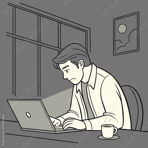 Man working late at night on his laptop in a dark room with a cup of coffee