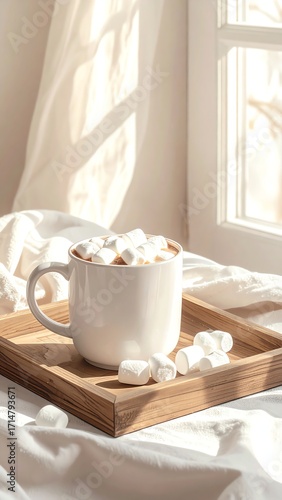 Warm beverage with marshmallows in cozy light.