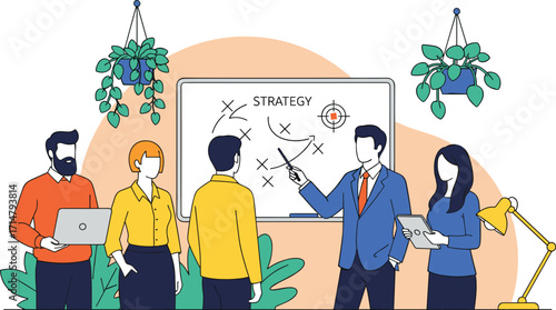 Business strategy meeting, team planning, whiteboard presentation, collaboration, leadership, office teamwork, modern workspace, flat illustration, vector concept