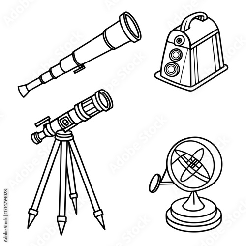 Illustration of telescope, fan, and projector