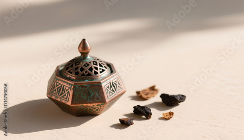 Cultural minimalism: Hexagonal Arabic incense burner with oxidized copper patina