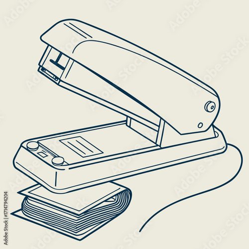 Illustration of a stapler securing a stack of paper on a light background