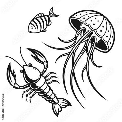 Illustration of a lobster, jellyfish and fish