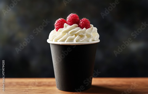Delicious Dessert Topped With Fresh Raspberries Served in a Black Cup on a Wo...
