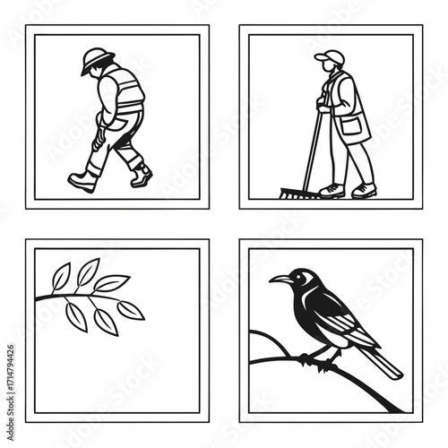 Four images showing people, leaf and a bird